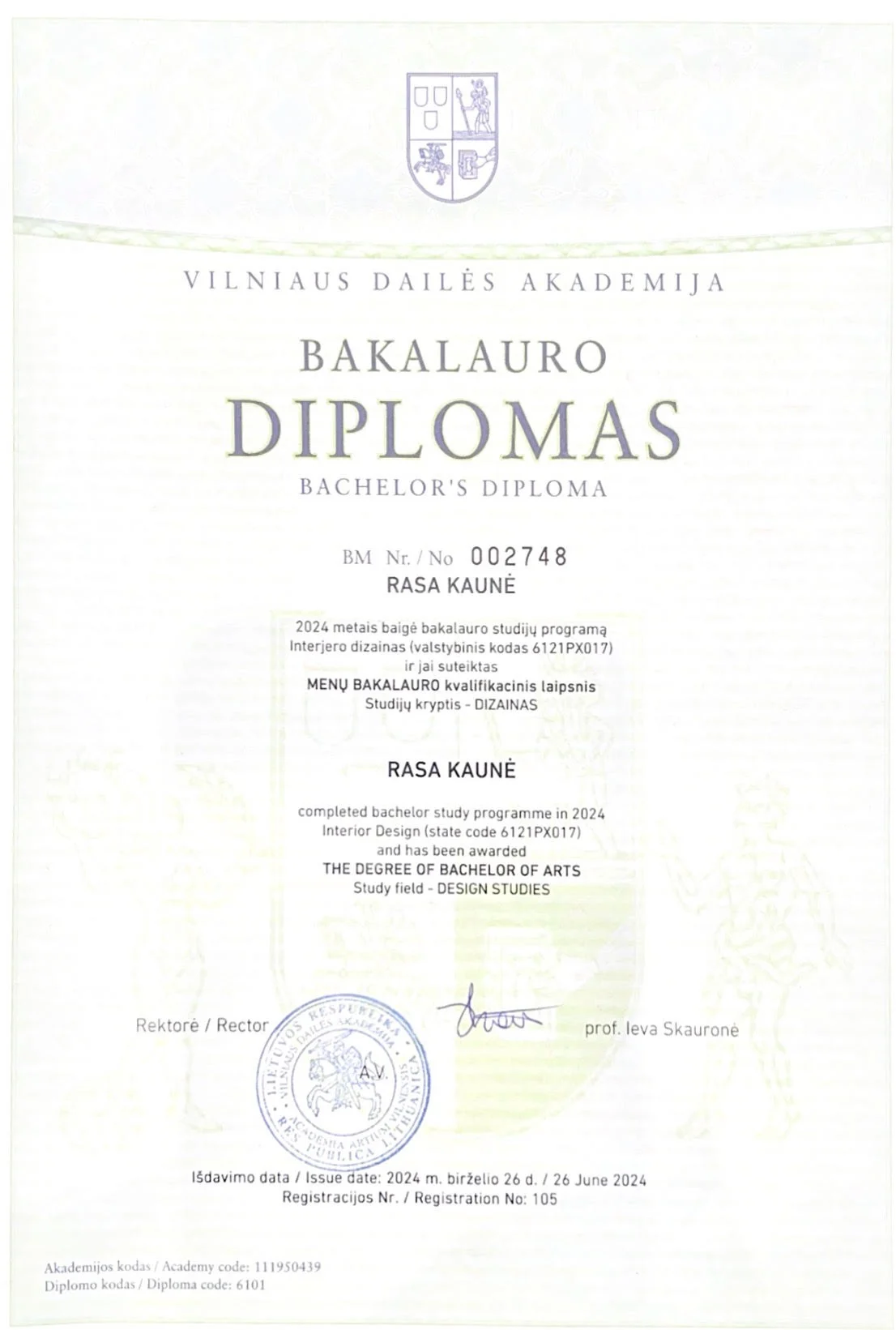 Rasos Kaunės interjero dizaino bakalauro diplomas, Vilniaus dailės akademija, 2024