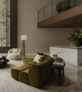 Svetainės interjeras su alyvuogės spalvos sofa ir marmuru – ID Trazo